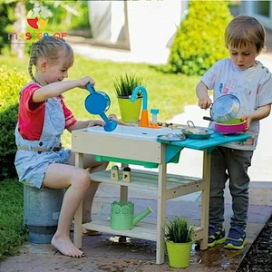 Children Outdoor durable wooden toys mud kitchen with working water tap W10C767