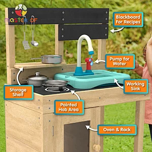Kids outdoor wooden mud play kitchen set with sink, stove, and oven W10C782