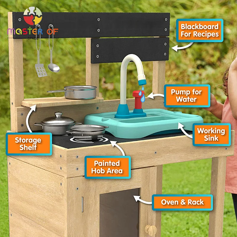 Kids outdoor wooden mud play kitchen set with sink, stove, and oven W10C782