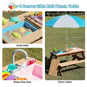 3-in-1 Water & Sand Activity Play Bench Set Kids Outdoor Wood Picnic Table and Chair with Umbrella W10D534