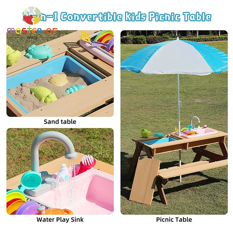 3-in-1 Water & Sand Activity Play Bench Set Kids Outdoor Wood Picnic Table and Chair with Umbrella W10D534
