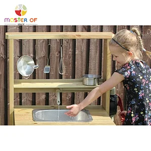 Kids garden pretend play wooden mud kitchen with pump function W10C768