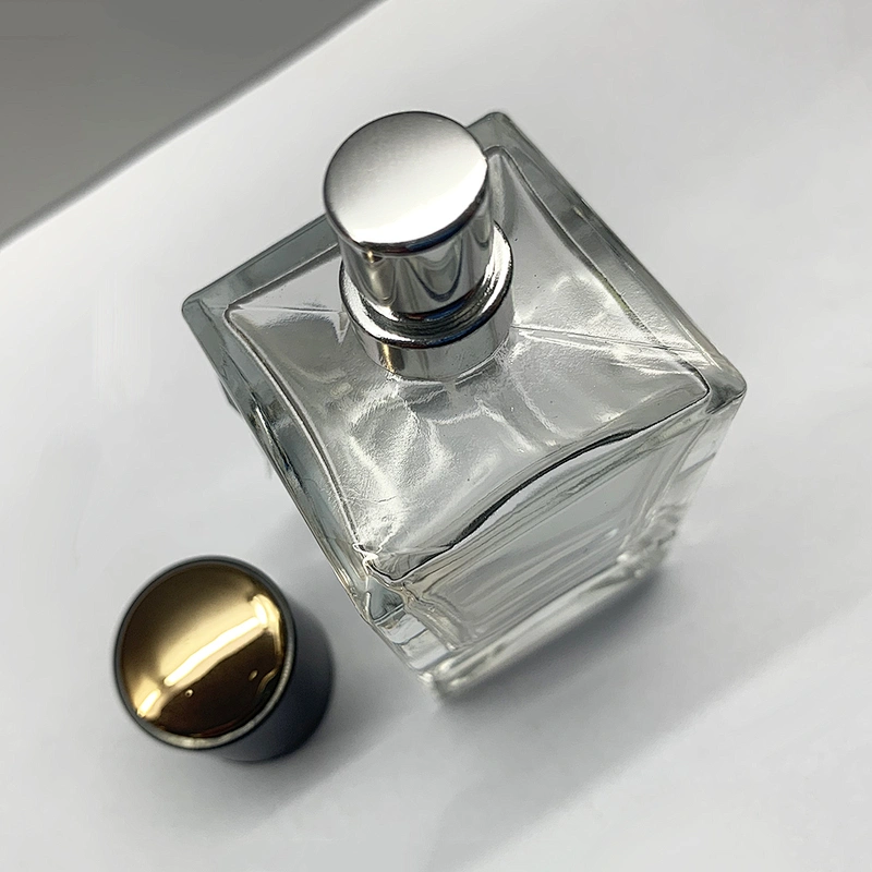 50ml square transparent silver nozzle glass perfume bottle