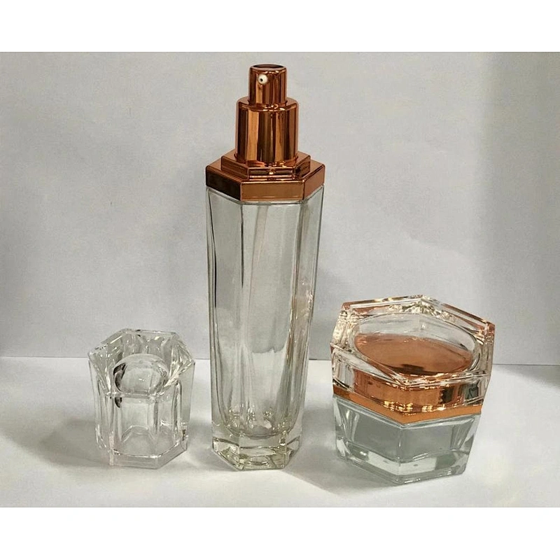 Luxury Transparent Cream Jar Six Sides Packaging Glass Cosmetic Bottles