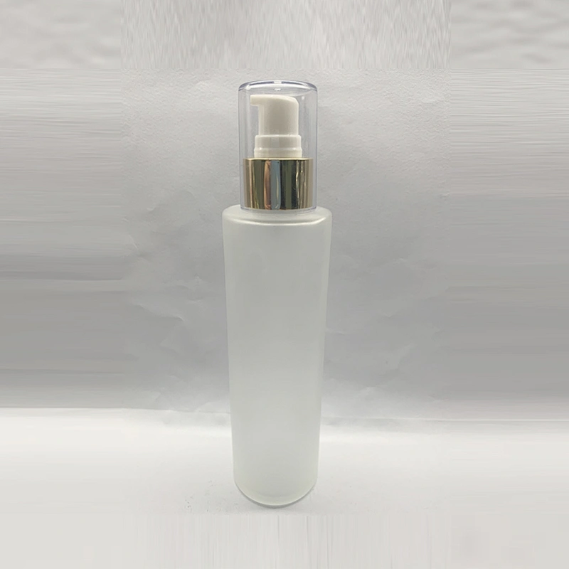 150ml frosted white pump spray glass cosmetic bottle with transparent cap