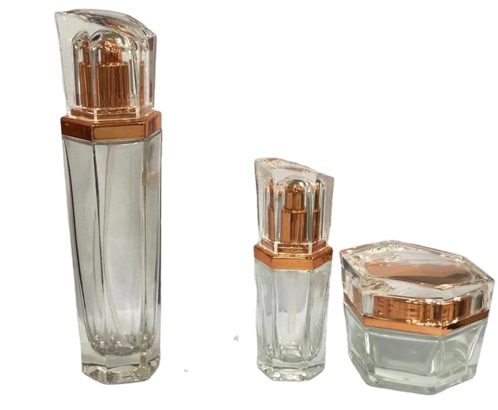Luxury Transparent Cream Jar Six Sides Packaging Glass Cosmetic Bottles
