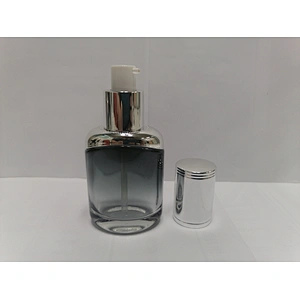 low price with good quality glass cosmetic empty round silver  pump bottles for skincare with  with light silver lid packaging