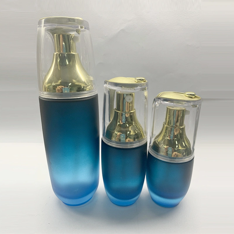 Blue color 40ml 100ml 120ml cosmetic glass lotion bottle with pump