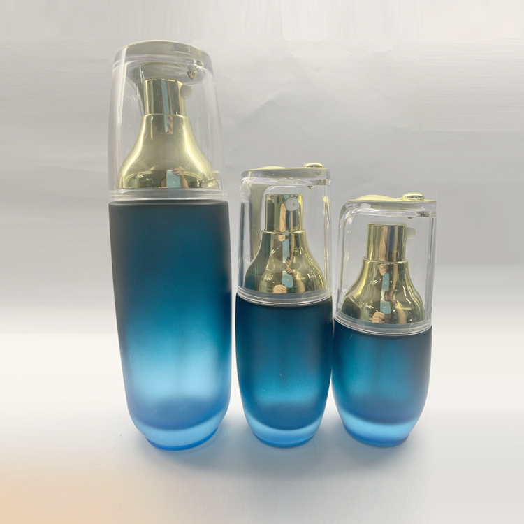 Blue color 40ml 100ml 120ml cosmetic glass lotion bottle with pump