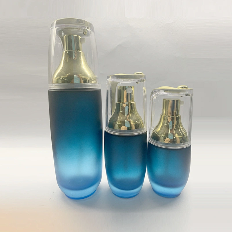 Blue color 40ml 100ml 120ml cosmetic glass lotion bottle with pump
