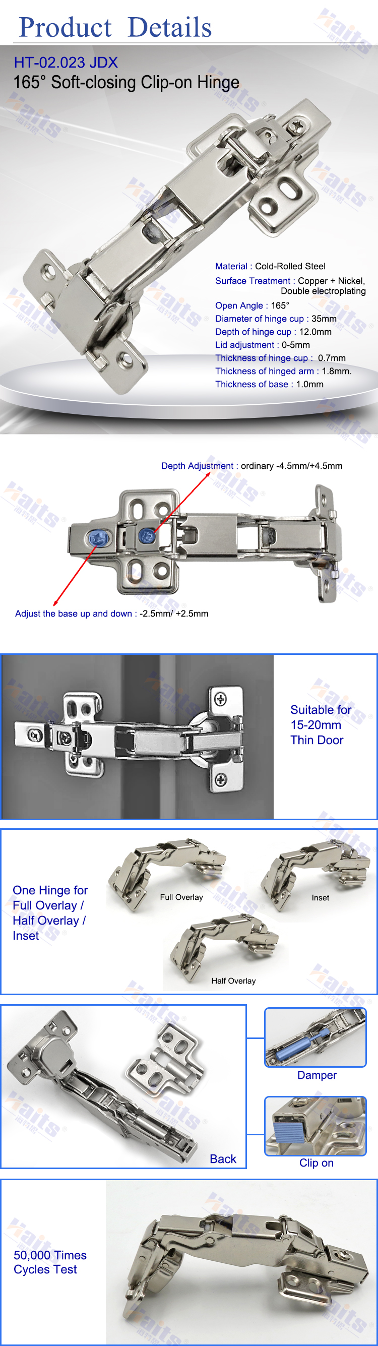 HT-02.023 JDX Furniture Accessories Hardware 165 Degree Clip on Plate Bisagras Para Muebles Soft Close Hinges