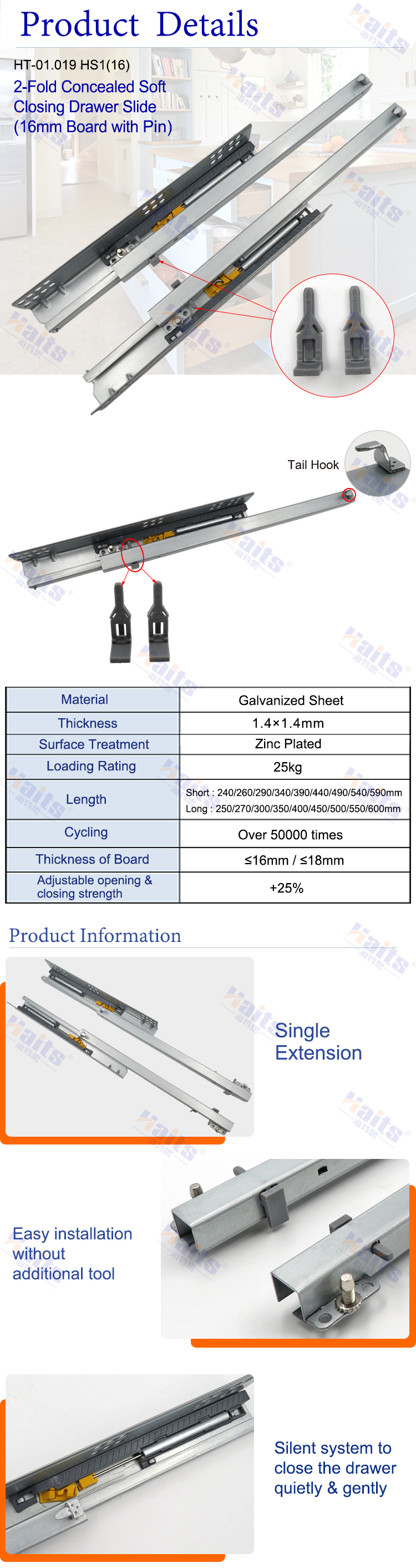 HT-01.019 HS 3/4 Extension Soft Close Undermout Slides, With Buckles