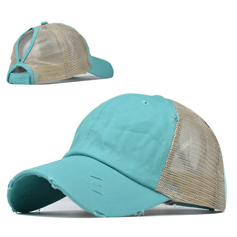 100% cotton 6 panels dyed stone washed baseball caps Custom brand /logo mesh ponytail snapback caps