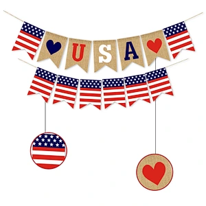 Hot sale USA flag Burlap Bunting banners Decorations American Independence Day White and Blue Theme Party Supplies