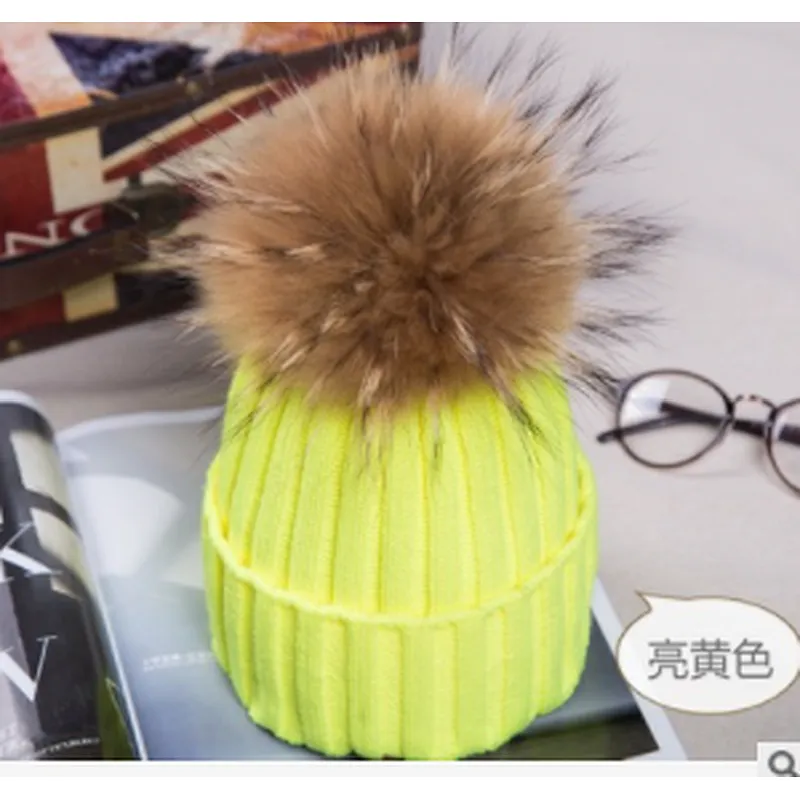 High Quality Removable Raccoon Fur Pompom Hats Rabbit Wool Knitted Girls hat Women Winter Knit Fur Hat