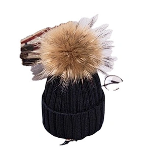 High Quality Removable Raccoon Fur Pompom Hats Rabbit Wool Knitted Girls hat Women Winter Knit Fur Hat