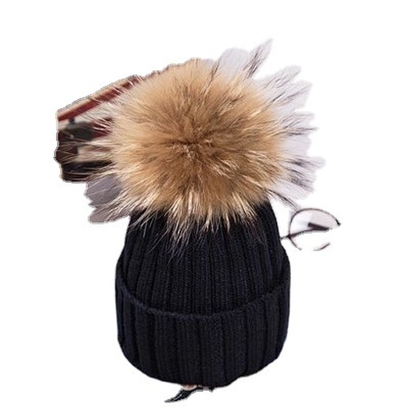 High Quality Removable Raccoon Fur Pompom Hats Rabbit Wool Knitted Girls hat Women Winter Knit Fur Hat