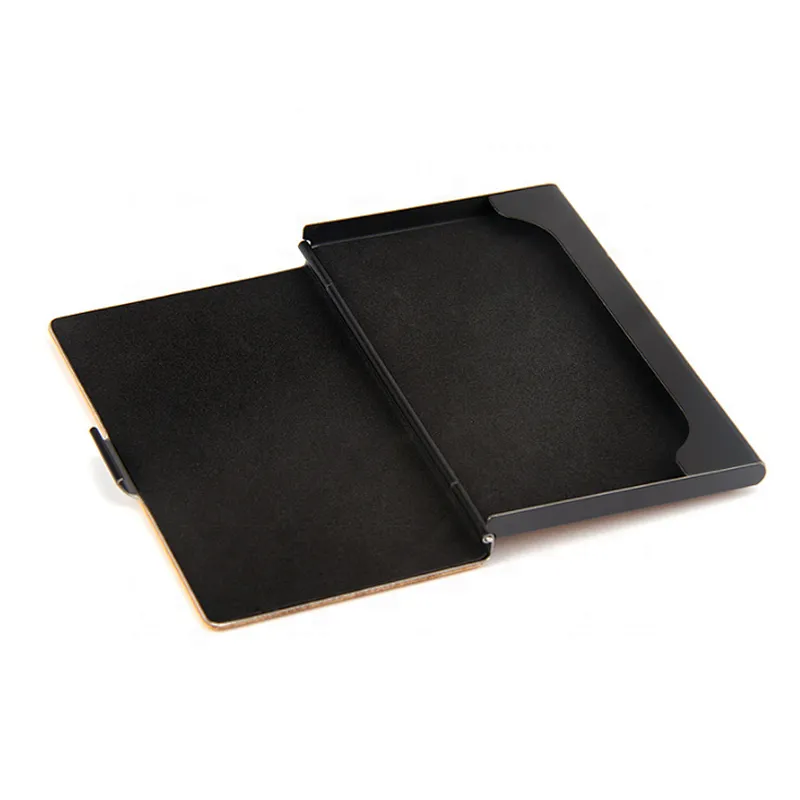 Customized business gift high classic laser carving logo wooden case metal business card holder