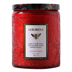 Wholesale DIY scented candle cup Embossed luxury candle jars Colored glass bottle with lid