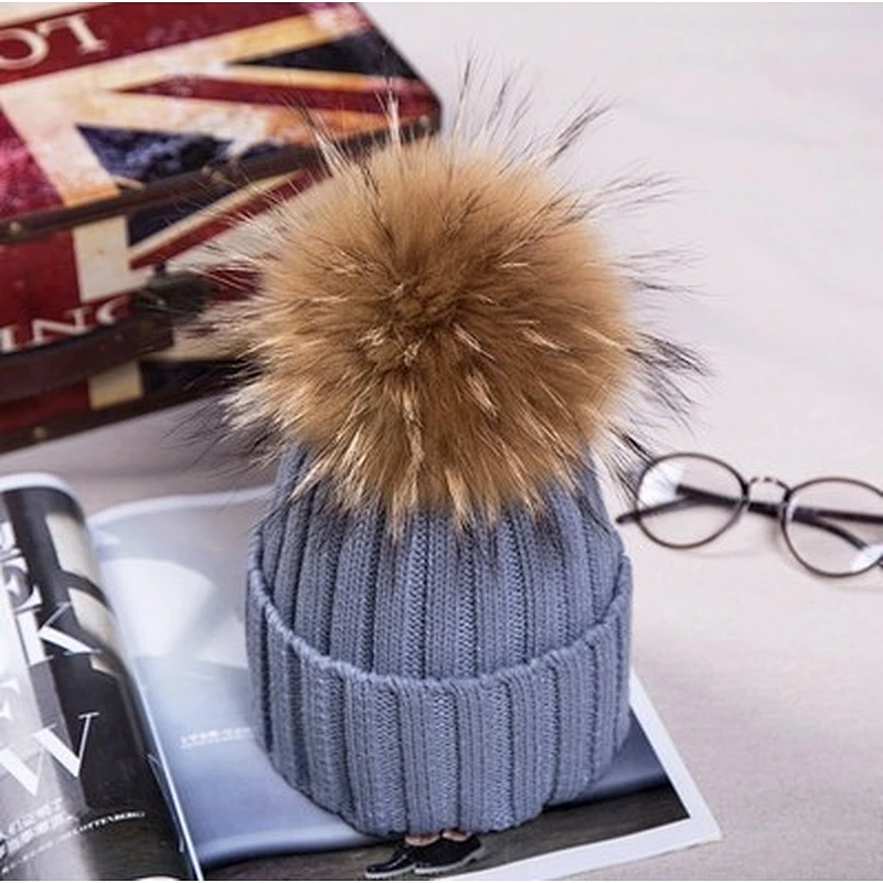 High Quality Removable Raccoon Fur Pompom Hats rabbit wool Knitted girls hat women winter knit fur hat