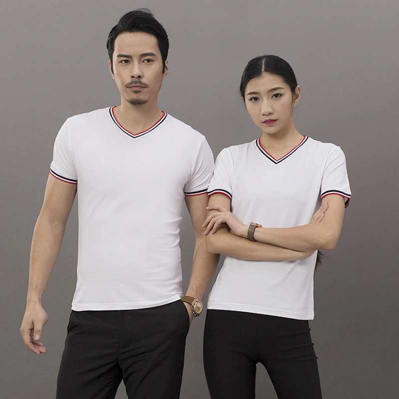 High Quality Promotional customized logo advertising gifts  printing polyester/cotton v-neck t shirt