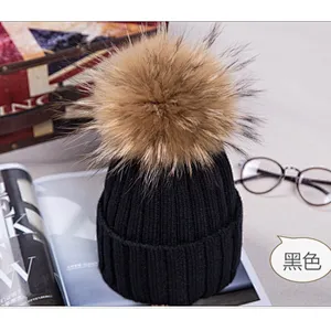 High Quality Removable Raccoon Fur Pompom Hats rabbit wool Knitted girls hat women winter knit fur hat