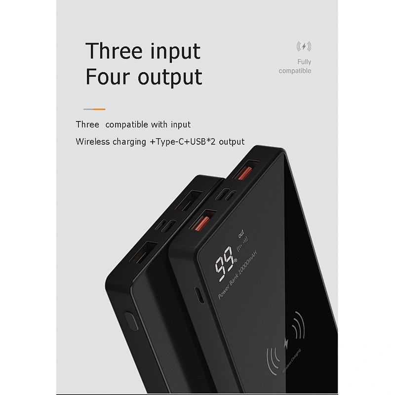 Fashion tempered glass surface mobile charger 10000 mah power bank  Wireless charging portable power bank