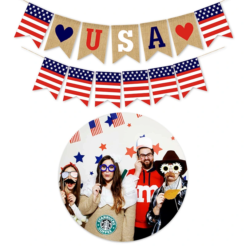 Hot sale USA flag Burlap Bunting Decorations American Independence Day White and Blue Theme Party Supplies