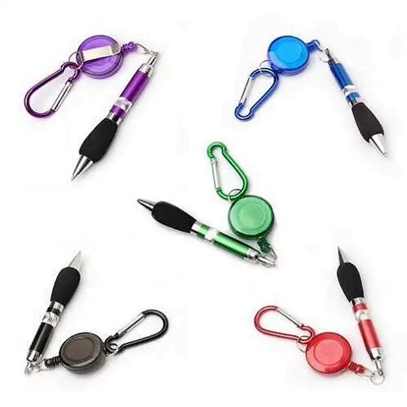 High  quality Promotional Gift custom logo Outside retractable  reel ballpoint pen with carabiner clip  Keychains