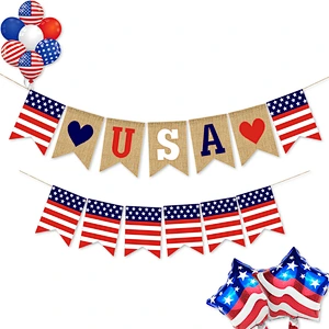 Hot sale USA flag Burlap Bunting banners Decorations American Independence Day White and Blue Theme Party Supplies