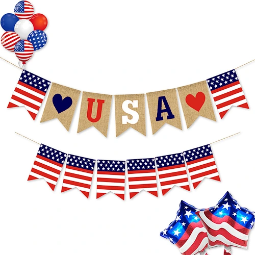 Hot sale USA flag Burlap Bunting banners Decorations American Independence Day White and Blue Theme Party Supplies