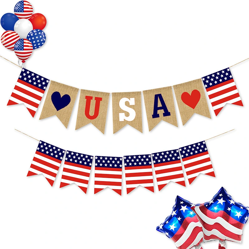 Hot sale USA flag Burlap Bunting banners Decorations American Independence Day White and Blue Theme Party Supplies