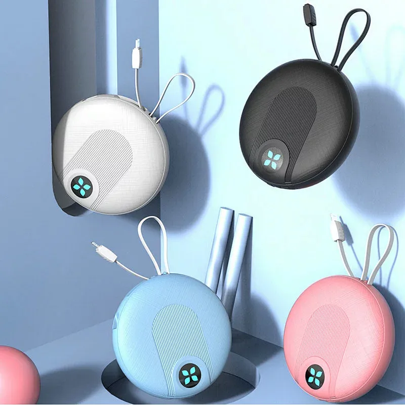 Popular Design Universal Portable Power Bank Mobile Phone 10000mah Charger Mini Round Shape Built-in Cable Power Bank