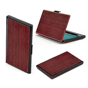 Customized business gift high classic laser carving logo wooden case metal business card holder