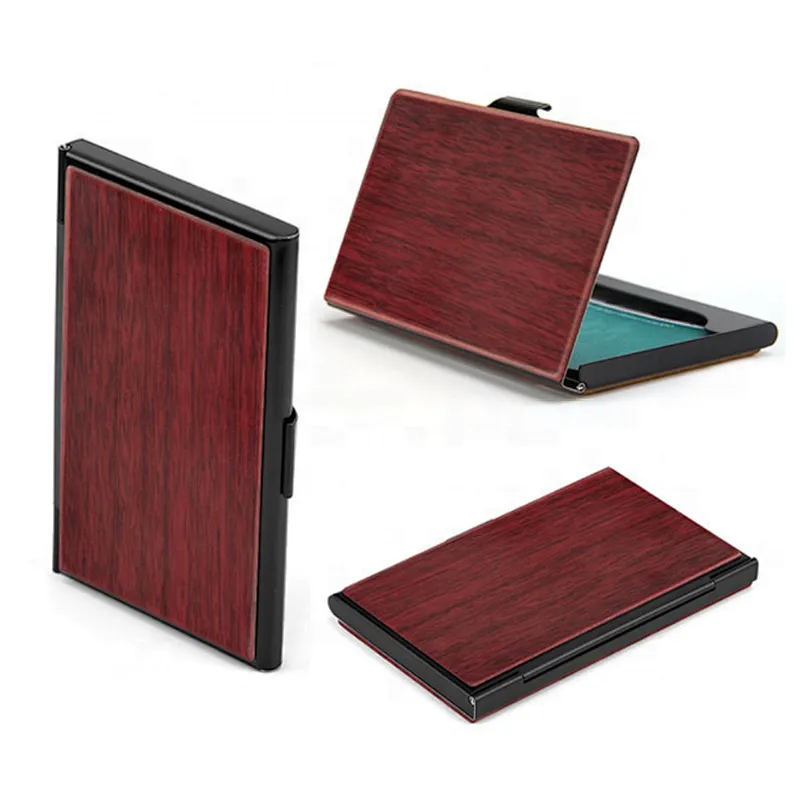 Customized business gift high classic laser carving logo wooden case metal business card holder