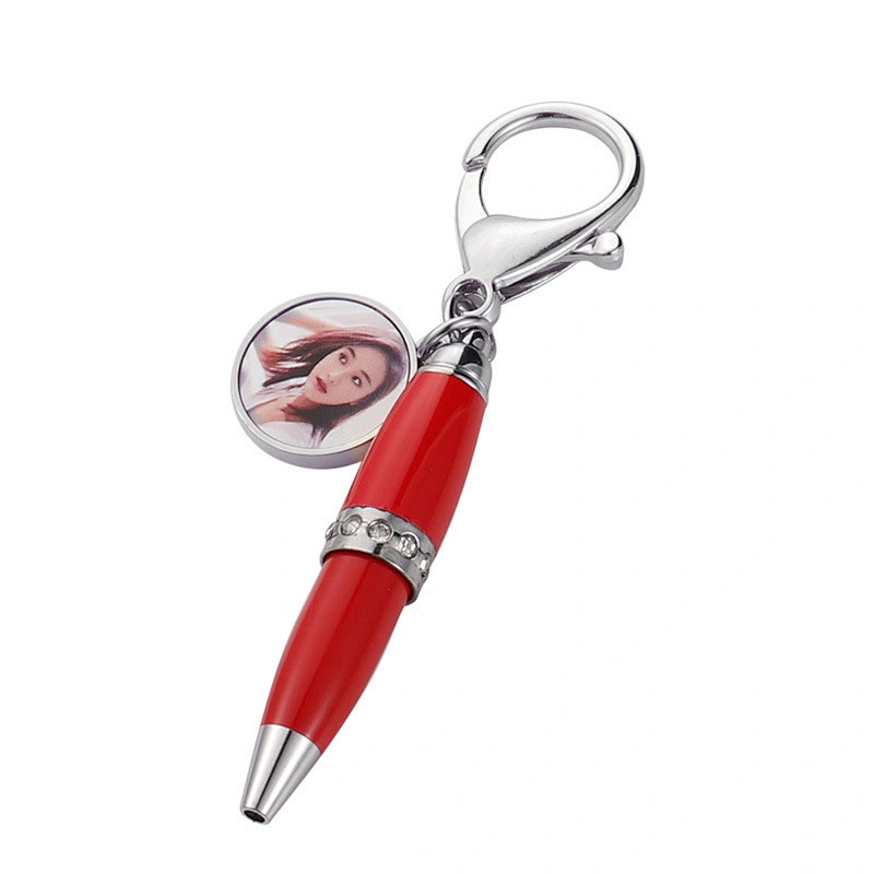 Promotional gift creative mini metal diamond rotating signature pen with keychain and  blank photo custom ballpoint pen