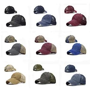 Custom logo 100% cotton 6 panels stone washed structured baseball caps mesh ponytail snapback caps