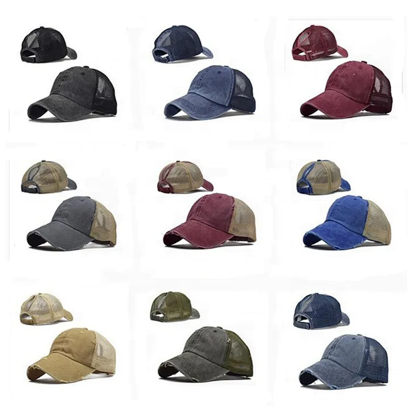 Custom logo 100% cotton 6 panels stone washed structured baseball caps mesh ponytail snapback caps