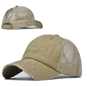 100% cotton 6 panels dyed stone washed baseball caps Custom brand /logo mesh ponytail snapback caps