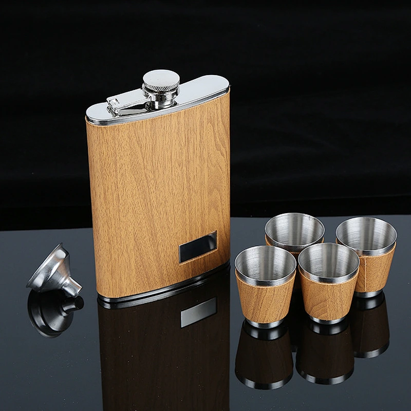 9oz factory direct selling stainless steel wine pot set with wooden grain wholesale outdoor portable dispenser custom logo