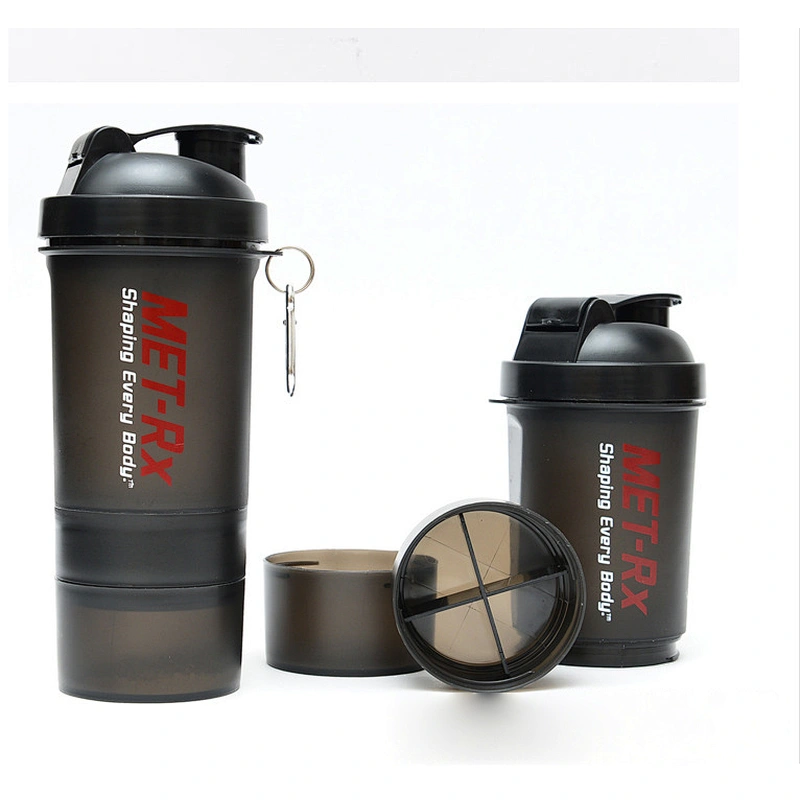 Free customized logo shaker water bottle with dry storage compartment shake cup portable fitness sports plastic kettle