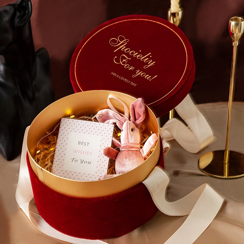 Hand carry custom logo Circular velvet  gift box with nice bowknot ribbon paper wedding  gift boxes