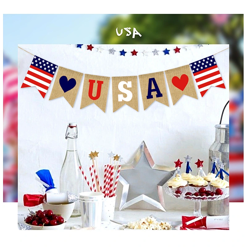 Hot sale USA flag Burlap Bunting banners Decorations American Independence Day White and Blue Theme Party Supplies