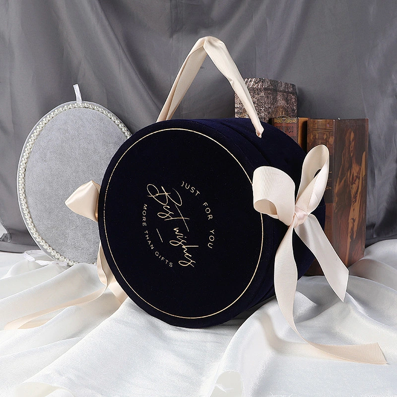 Hand carry custom logo Circular velvet  gift box with nice bowknot ribbon paper wedding  gift boxes