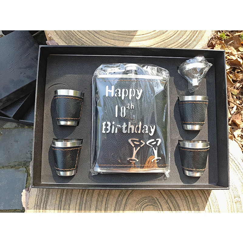 9oz factory direct selling stainless steel wine pot set with wooden grain wholesale outdoor portable dispenser custom logo