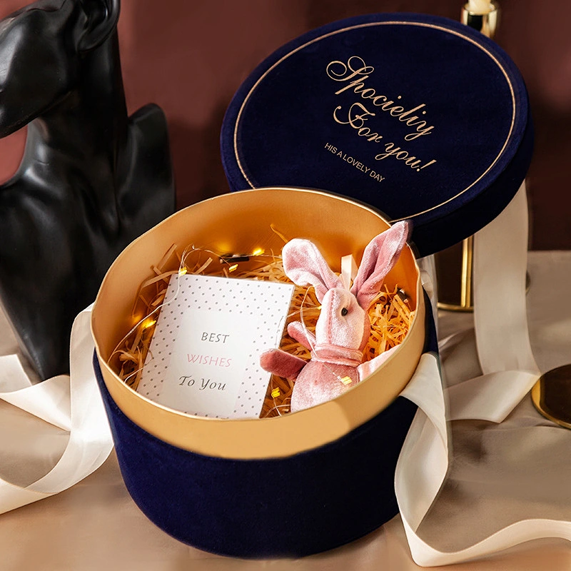 Hand carry custom logo Circular velvet  gift box with nice bowknot ribbon paper wedding  gift boxes