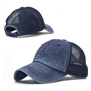 100% cotton 6 panels dyed stone washed baseball caps Custom brand /logo mesh ponytail snapback caps