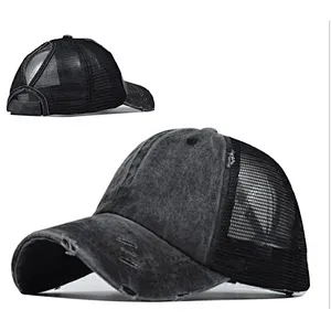 Custom logo 100% cotton 6 panels stone washed structured baseball caps mesh ponytail snapback caps