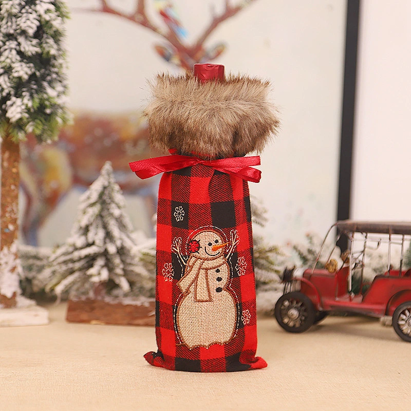Christmas decoration magenta black cloth machine embroidered wool collar wine set red wine bag champagne set table decoration