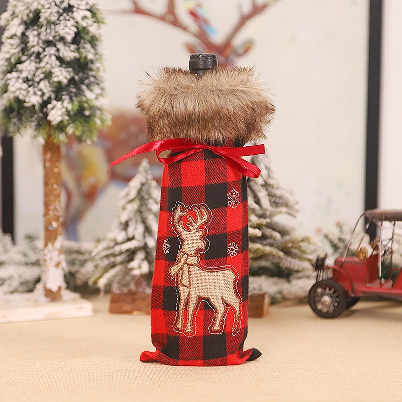 Christmas decoration magenta black cloth machine embroidered wool collar wine set red wine bag champagne set table decoration